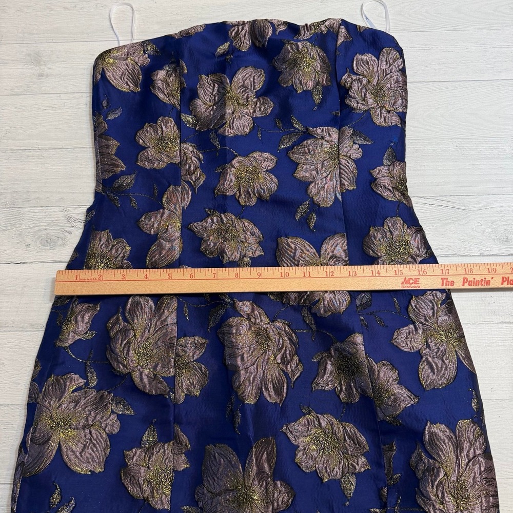 Lulu's Navy Blue Strapless Midi Dress with Metallic Floral Brocade - Picture 3 of 12